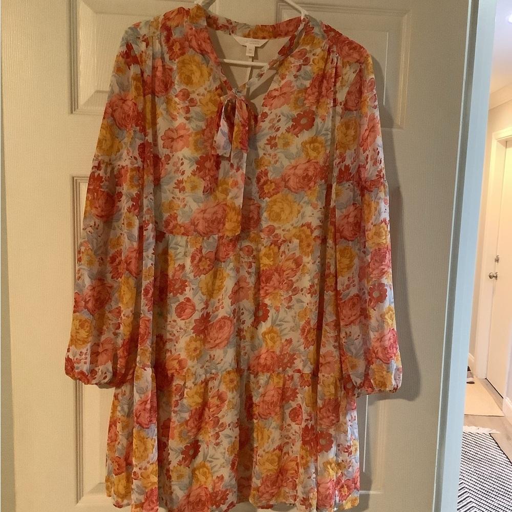 LC Lauren Conrad Floral Tie-Neck Tunic Dress in Coral, Yellow & Light Blue